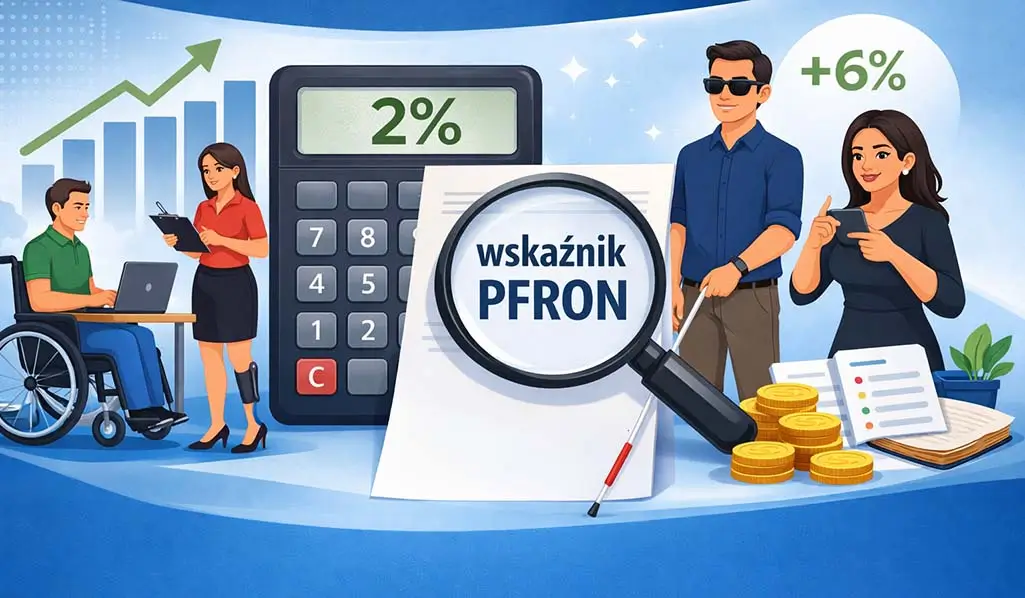 Ilustracja przedstawiająca wskaźnik zatrudnienia osób niepełnosprawnych – pracowników w biurze, kalkulator z wartością procentową oraz symboliczne elementy finansowe i analityczne związane z PFRON.