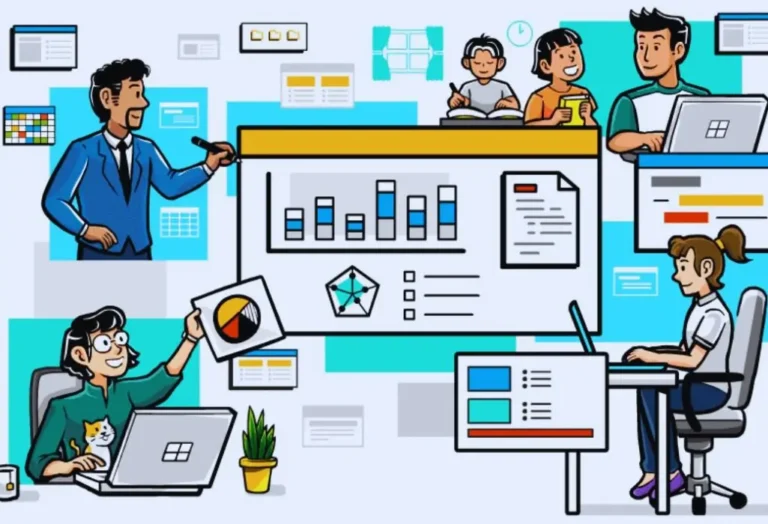 Na ilustracji widać zespół osób pracujących zdalnie w przyjaznym, zorganizowanym środowisku. Każdy z bohaterów zajmuje się innym zadaniem – jedna osoba prezentuje dane na wykresach, inna uczy się z dzieckiem, kolejna pracuje przy komputerze z kotem na kolanach. W centrum znajduje się duży ekran z wykresami słupkowymi, analizami i dokumentami, symbolizujący współdzielenie informacji i współpracę online. Panuje atmosfera zaangażowania, spokoju i wzajemnego wsparcia. Obrazek przekazuje pozytywne emocje i pokazuje różnorodność – każdy pracuje na własnych warunkach, w swoim tempie. To obraz harmonii, elastyczności i równości. Idealnie oddaje korzyści pracy zdalnej dla osoby niepełnosprawnej i pracodawcy – pokazując dostępność, komfort, możliwość pracy w przyjaznym otoczeniu oraz efektywną współpracę zespołową niezależnie od miejsca przebywania.