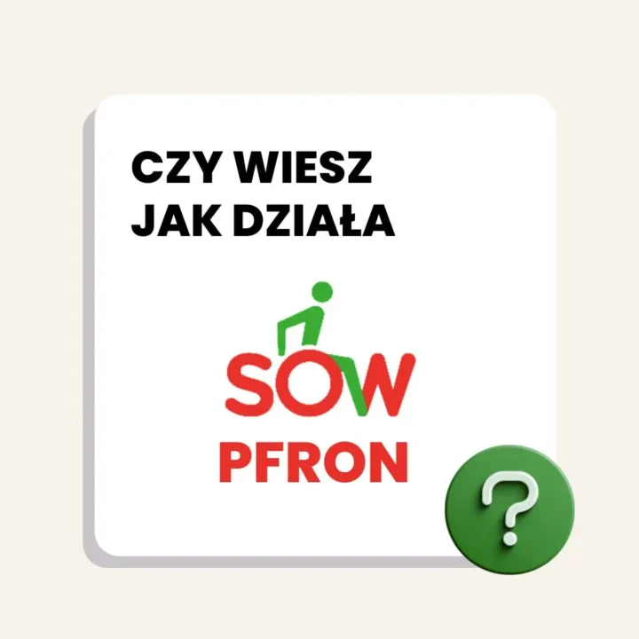 Jak otrzymać dofinansowanie na przystosowanie stanowiska pracy pracownika niepełnosprawnego w 5 krokach 6 Na grafice widnieje pytanie: "Czy wiesz jak działa SOW PFROn?" w czarnym kolorze na białym tle. Pod tekstem znajduje się logo SOW (System Obsługi Wniosków) z elementami w kolorze czerwonym i zielonym, które układają się w symbol osoby siedzącej na wózku inwalidzkim. Na dole po prawej stronie grafiki znajduje się zielone kółko z białym znakiem zapytania, co sugeruje, że można uzyskać więcej informacji na ten temat.