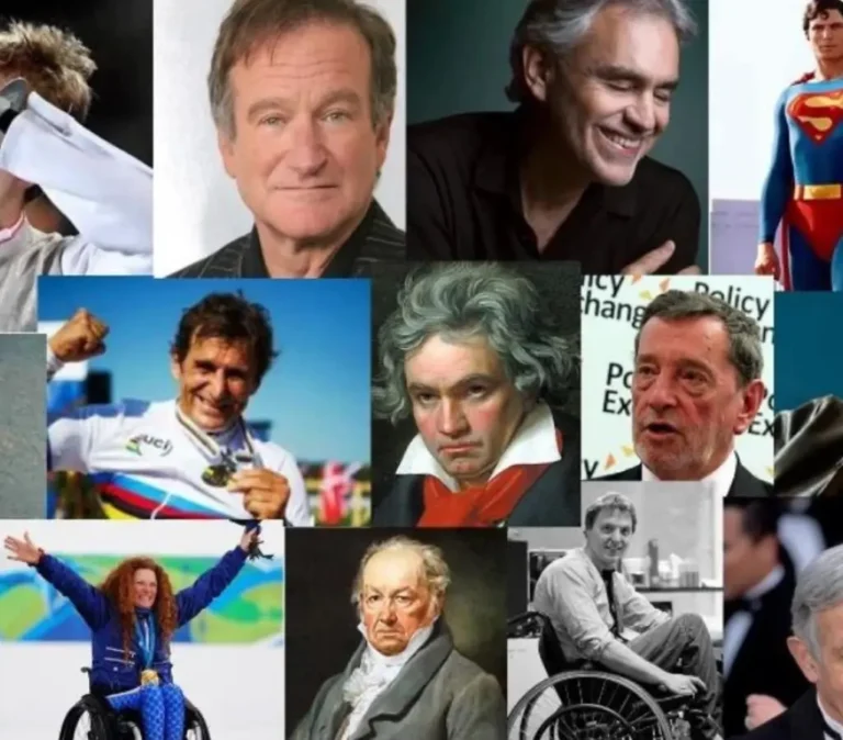 obrazek wyróżniający do artykułu - osoby niepełnosprawne które osiągnęły sukces. Przedstawia kolaż zawierający zdjęcia kilku osób, które osiągnęły sukces, pomimo różnych form niepełnosprawności. Na kolażu znajdują się postacie takie jak znany aktor komediowy, myśliciel naukowy w wózku inwalidzkim, sportowiec celebrujący zwycięstwo, a także kompozytor i malarz. Wszystkie osoby prezentują różnorodność osiągnięć, od artystycznych po naukowe i sportowe. Emocje na ich twarzach sięgają od zadowolenia i triumfu po powagę i intensywność, co pokazuje szeroki zakres doświadczeń i uczuć związanych z ich życiowymi podróżami i osiągnięciami.