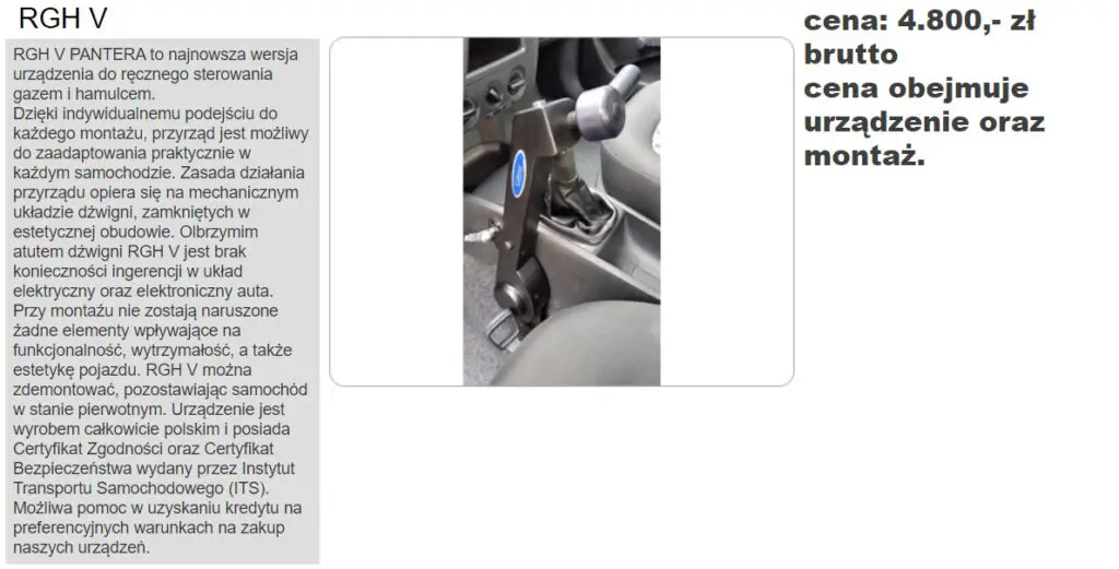 Zdjęcie w artykule - samochód dla niepełnosprawnych. Na zdjęciu widoczny system przystosowania samochodu do potrzeb niepełnosprawnych wraz z ceną urządzenia.