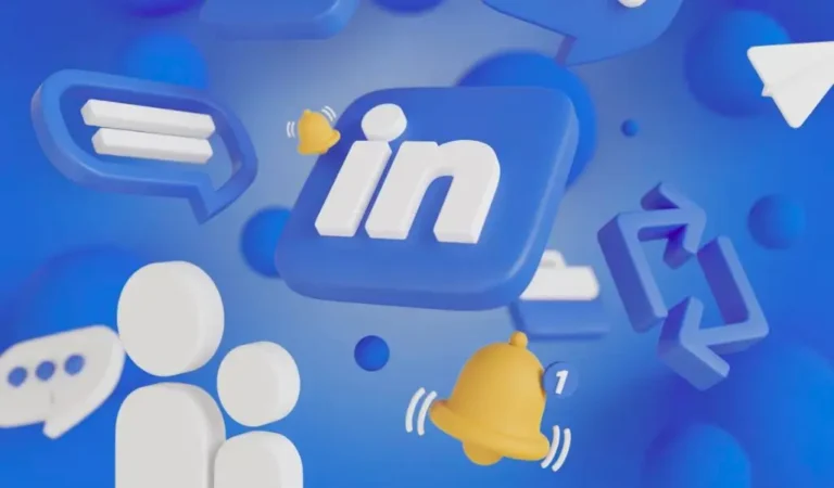 Grafika 3D z logo LinkedIn i ikonami powiadomień, wiadomości oraz interakcji — ilustracja do tematu, jak uzupełnić profil LinkedIn.