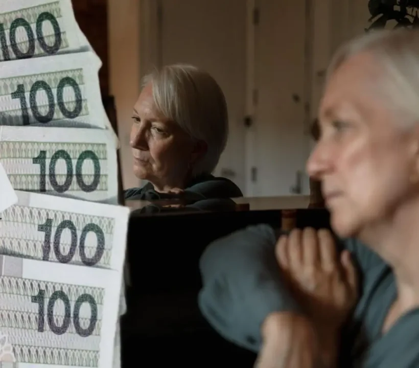 Obrazek wyróżniający do artykułu – renta wdowia. Na zdjęciu zamyślona starsza pani spogląda przez przejrzystą piramidę banknotów o nominale 100 złotych. W tle, odbicie jej skupionej twarzy w lustrze, wyrażające rozważania o troskach finansowych.