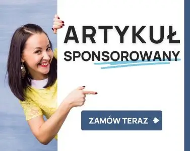 Obrazek jest banerem reklamowym z napisem "zamów teraz artykuł sponsorowany" Na zdjęciu kobieta wskazuje klawisz prowokujący do kliknięcia