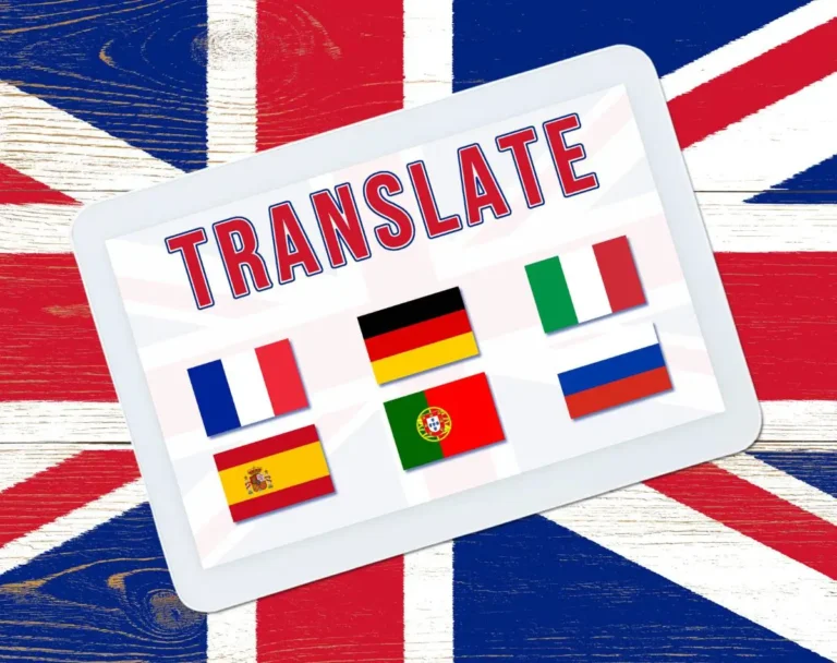 Obrazek we wpisie "profesjonalne biuro tłumaczeń" Zdjęcie pokazuje tablet z wyświetlanym słowem „TRANSLATE” i ikonami flag sześciu krajów: Francji, Hiszpanii, Niemiec, Portugalii, Włoch i Rosji. Tablet leży na powierzchni z grafiką flagi Wielkiej Brytanii. Tło jest stylizowane na drewniane deski pomalowane w barwy brytyjskiej flagi: czerwony, biały i granatowy.