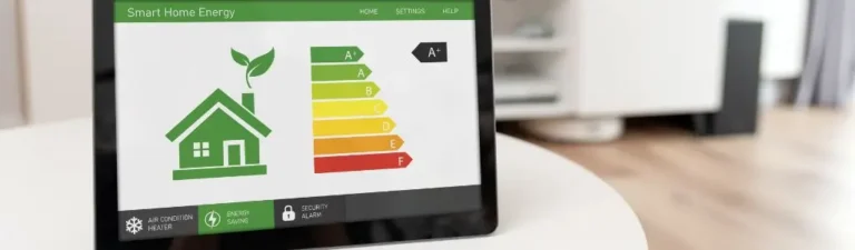 30 sposobów na oszczędzanie energii. Od małych zmian do dużych oszczędności 7 Obrazek wyróżniający do artykułu - oszczędzanie energii. Przedstawia tablet na białym stole, z ekranem wyświetlającym grafikę inteligentnego systemu zarządzania energią w domu. Ekran pokazuje ilustrację zielonego domu z liściem, obok której znajduje się pasek efektywności energetycznej z literami od A do F, gdzie A+ jest najwyżej i w kolorze zielonym, a F najniżej w kolorze czerwonym. Pod ilustracją domu znajdują się trzy ikony symbolizujące klimatyzację/ogrzewanie, oszczędność energii i alarm bezpieczeństwa. Obrazek wywołuje wrażenie nowoczesności i ekologicznego podejścia do zarządzania energią w domu.