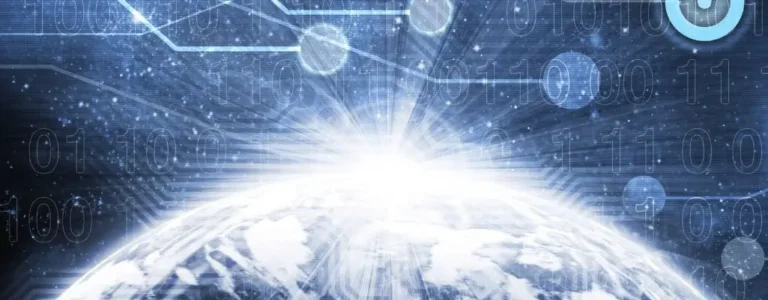 Obrazek wyróżniający do artykułu - Przelicznik jednostek informatycznych. Grafika komputerowa przedstawiająca ziemię i cyfrowe dane, które wydają się być w stanie ekspansji czy rozprzestrzeniania się. Może to sugerować globalne połączenie, rozprzestrzenianie informacji, wielość danych lub rozwój technologiczny.