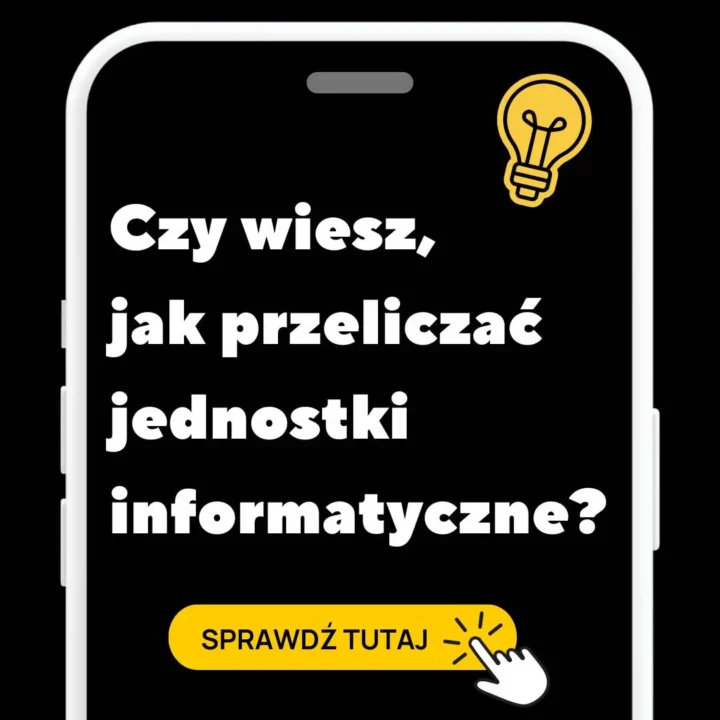Obraz jest prostą grafiką informacyjną przedstawiającą pytanie dotyczące przeliczania jednostek informatycznych. Na czarnym tle, centralnie umieszczony jest biały tekst oraz kilka ikon i elementów graficznych.

Szczegóły obrazu:

	1.	Tło:
	•	Całe tło jest czarne, co sprawia, że biały tekst jest bardzo wyraźny.
	2.	Tekst:
	•	Główny tekst na środku obrazu: “Czy wiesz, jak przeliczać jednostki informatyczne?” jest napisany białą czcionką w prostym, czytelnym stylu.
	•	Na dole obrazu znajduje się żółty przycisk z białym napisem “SPRAWDŹ TUTAJ”, obok którego jest ikona dłoni z palcem wskazującym w dół, sugerująca kliknięcie w przycisk.
	3.	Ikony:
	•	W prawym górnym rogu znajduje się ikona żarówki w kolorze żółtym, symbolizująca pomysł lub wiedzę.
	4.	Rama telefonu:
	•	Obraz jest stylizowany na ekran telefonu komórkowego, z górną częścią imitującą kształt telefonu.

Styl:

	•	Minimalistyczny, skoncentrowany na przekazaniu jasnego komunikatu.
	•	Kolory ograniczone do czarnego, białego i żółtego, co tworzy kontrast i zwiększa czytelność.

Przekaz:

Obraz ma na celu zachęcić odbiorcę do dowiedzenia się, jak przeliczać jednostki informatyczne, sugerując, że dodatkowe informacje są dostępne po kliknięciu w przycisk “SPRAWDŹ TUTAJ”.
