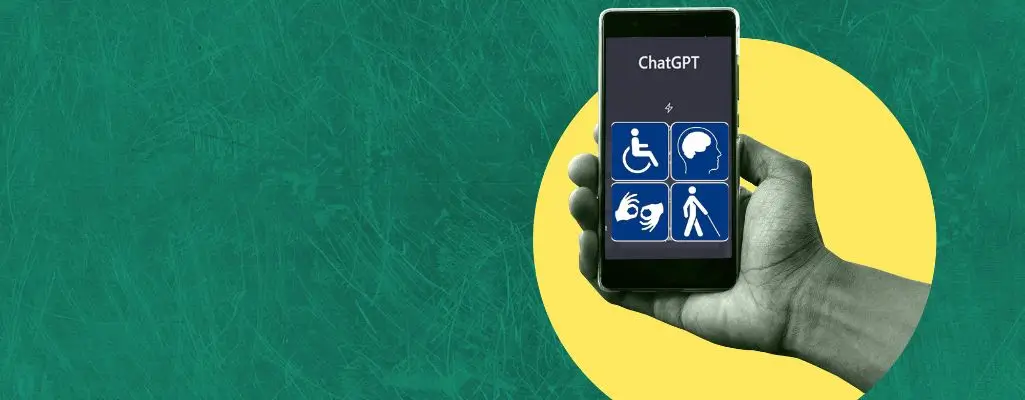 Zdjęcie do artykułu - ChatGPT wirtualny asystent niepełnosprawnych. Obrazek przedstawia dłoń trzymającą smartfon na zielonym tle z żółtym okręgiem. Na ekranie smartfona widnieje aplikacja o nazwie "ChatGPT" z ikonami dostępności, w tym osoby na wózku inwalidzkim, osoby głuchej, osoby z niepełnosprawnością umysłową, i osoby niewidomej. Projekt graficzny sugeruje aplikację mającą na celu wspieranie różnych potrzeb osób z niepełnosprawnościami poprzez technologię. Kolorystyka i design graficzny są proste, ale wyraźne, co może symbolizować łatwość użycia i dostępność aplikacji. Obrazek podkreśla ideę integracji i wsparcia technologicznego dla osób z niepełnosprawnościami w codziennym życiu.