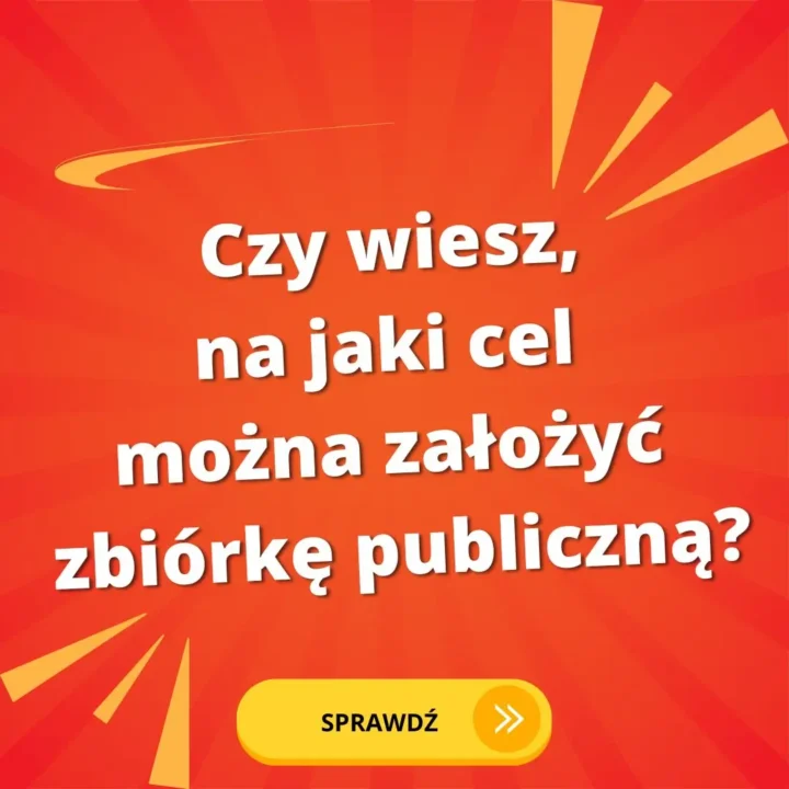 Informujemy, jak powołuje się komitet społeczny do przeprowadzenia zbiórki publicznej? 5 Obraz przedstawia jasny, intensywnie pomarańczowy i czerwony baner z tekstem w języku polskim, umieszczonym centralnie. Tekst jest koloru białego i brzmi:"Czy wiesz, na jaki cel można założyć zbiórkę publiczną?"Na dole banera znajduje się żółty przycisk z napisem "SPRAWDŹ" oraz małą strzałką skierowaną w prawo.Szczegóły obrazu:
Kolory:Tło: Intensywny pomarańczowo-czerwony gradient z promieniami rozchodzącymi się od środka.
Tekst: Biały, kontrastujący z tłem.
Przyciski i elementy dekoracyjne: Żółte, podkreślające ważne elementy na banerze.
Tekst:Duży, biały tekst na środku banera: "Czy wiesz, na jaki cel można założyć zbiórkę publiczną?"
Żółty przycisk na dole z napisem "SPRAWDŹ" i strzałką w prawo.
Styl:Dynamiczny i przyciągający wzrok, dzięki zastosowaniu intensywnych kolorów i promieni.
Czytelna i prosty układ, z wyraźnym kontrastem między tekstem a tłem.
Przekaz:
Baner zachęca do zapoznania się z informacjami na temat zakładania zbiórek publicznych. Wywołuje ciekawość i skłania do kliknięcia przycisku "SPRAWDŹ" w celu uzyskania dodatkowych informacji.