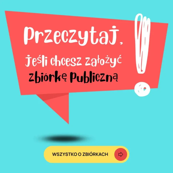 Obrazek przedstawia komunikat na jasnym turkusowym tle. Główna część komunikatu jest umieszczona na czerwonym prostokątnym kształcie z ogonkiem, który przypomina dymek dialogowy.

Opis elementów:
Tło:
Jasnoturkusowe tło.
Dymek:
Czerwony dymek dialogowy, z ogonkiem skierowanym w dół po lewej stronie.
Tekst w dymku:
Wewnątrz dymku znajduje się tekst w dwóch różnych kolorach i czcionkach:
Biały, duży tekst: "Przeczytaj,".
Mniejszy, biały tekst: "jeśli chcesz założyć".
Czarny, pogrubiony tekst: "zbiórkę Publiczną".
Po prawej stronie dymka jest duży biały wykrzyknik.
Przycisk:
Na dole obrazka znajduje się żółty prostokąt z zaokrąglonymi rogami, na którym umieszczony jest czarny tekst "WSZYSTKO O ZBIÓRKACH" oraz mała czerwona strzałka skierowana w prawo.
Obrazek jest jasny, przyciągający uwagę i zachęcający do zapoznania się z informacjami o zbiórkach publicznych.