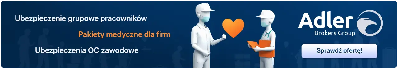 Na banerze reklamowym, który jest utrzymany w ciemnoniebieskiej tonacji, widnieją oferty firmy Adler Brokers Group. Tekst promuje:•	“Ubezpieczenie grupowe pracowników”
•	“Pakiety medyczne dla firm” (wyróżnione pomarańczowym kolorem)
•	“Ubezpieczenia OC zawodowe”Po lewej stronie widnieje sylwetka postaci w białym kolorze, noszącej maskę ochronną i trzymającej pomarańczowe serce, co symbolizuje opiekę i zdrowie. Po prawej stronie znajduje się logo firmy Adler Brokers Group oraz przycisk z napisem “Sprawdź ofertę!”