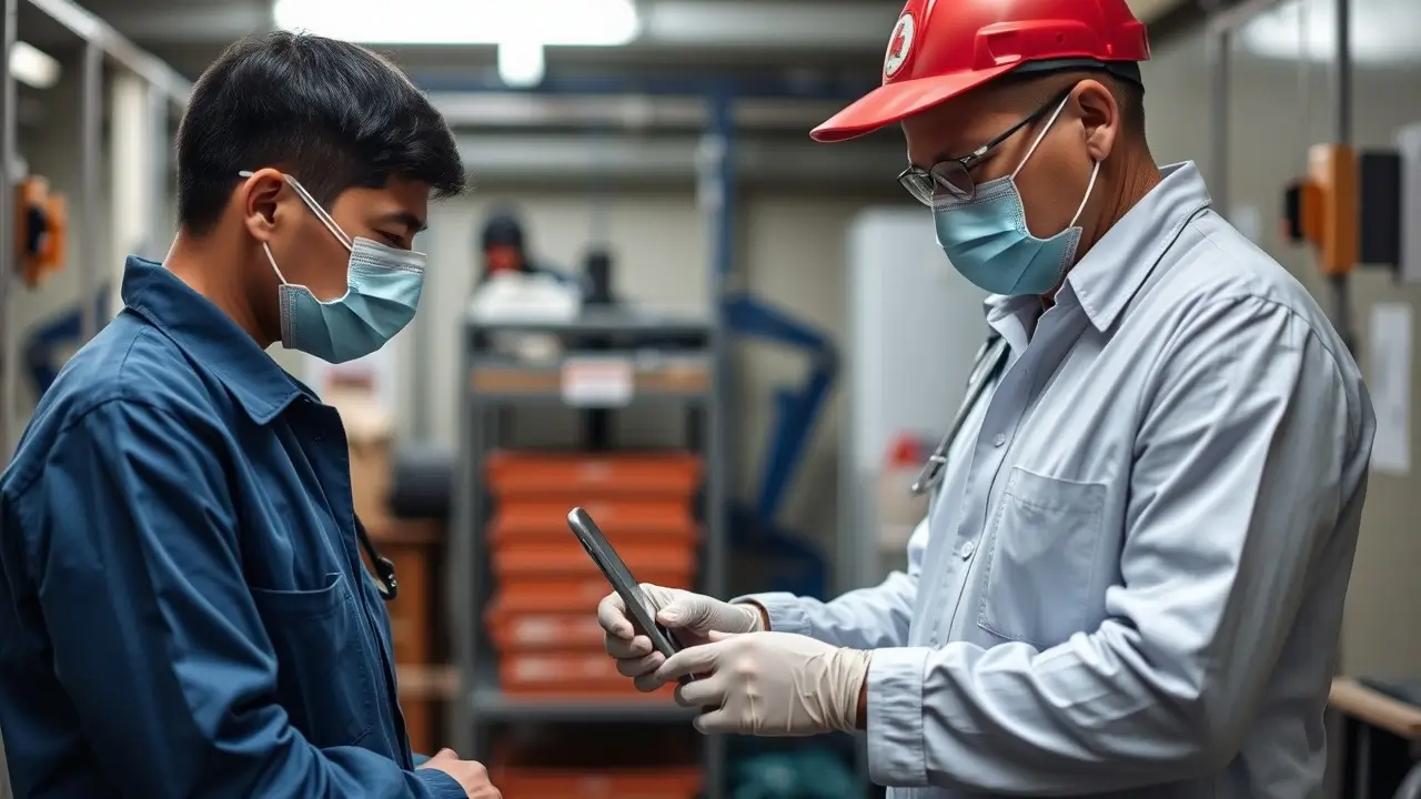 Na zdjęciu widzimy dwóch mężczyzn w miejscu pracy, prawdopodobnie w zakładzie przemysłowym lub magazynie. Obaj są ubrani w maski ochronne na twarzach, a mężczyzna po prawej stronie dodatkowo nosi kask ochronny w czerwonym kolorze i jednorazowe rękawiczki. Mężczyzna po lewej stronie ma na sobie granatowy strój roboczy. Mężczyzna z kaskiem trzyma w ręku urządzenie mobilne lub tablet, patrząc na nie uważnie, jakby coś sprawdzał lub notował. Cała scena wygląda na kontrolę zdrowotną lub inspekcję, mającą na celu zapewnienie bezpieczeństwa i zgodności z procedurami w miejscu pracy.