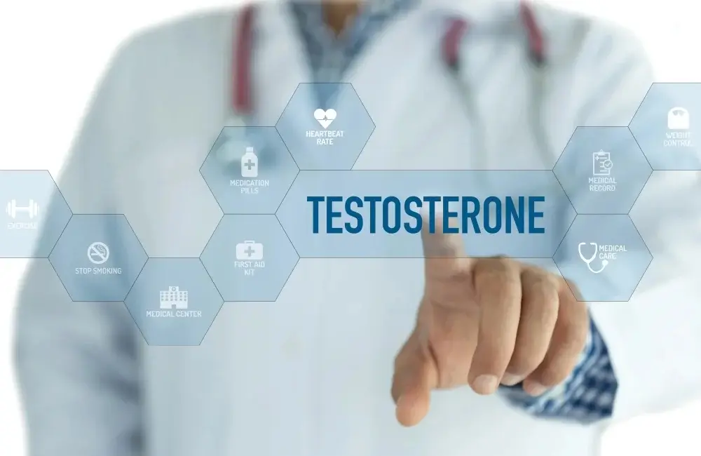 Zdjęcie przedstawia lekarza w białym fartuchu z czerwonym stetoskopem na szyi, który wskazuje palcem na słowo “TESTOSTERONE” (testosteron). Tekst ten znajduje się na przezroczystej warstwie graficznej złożonej z heksagonalnych ikon i napisów, symbolizujących różne aspekty zdrowia i medycyny. Szczegóły obrazu: • Lekarz: Jest lekko rozmyty w tle, co podkreśla futurystyczny, cyfrowy efekt. • Główne hasło: “TESTOSTERONE” jest napisane dużymi, niebieskimi literami, co sugeruje tematykę hormonalną, zdrowotną lub medyczną. • Otaczające ikony: • Heartbeat Rate (tętno) • Medication Pills (leki) • First Aid Kit (apteczka pierwszej pomocy) • Medical Record (dokumentacja medyczna) • Medical Care (opieka zdrowotna) • Weight Control (kontrola wagi) • Stop Smoking (rzucenie palenia) • Energy (energia) Atmosfera i przekaz: Zdjęcie ma nowoczesny, technologiczny wygląd, który kojarzy się z medycyną cyfrową, diagnostyką hormonalną i zdrowiem mężczyzn. Może symbolizować badania nad poziomem testosteronu, terapię hormonalną lub wpływ tego hormonu na zdrowie i styl życia.
