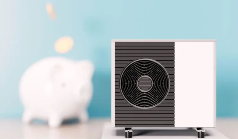 Na obrazku widać nowoczesną pompę ciepła ustawioną na tle błękitnej ściany. Z lewej strony, lekko rozmazana, znajduje się klasyczna biała skarbonka w kształcie świni, do której wpadają monety – symbol oszczędności. Kompozycja wywołuje skojarzenia z dbałością o domowy budżet i świadomym wyborem ekologicznego źródła ciepła. Całość emanuje spokojem, nowoczesnością i troską o komfort życia. Obraz świetnie ilustruje sens programu dofinansowanie do ogrzewania PFRON – wspiera oszczędne i ekologiczne rozwiązania grzewcze, dostępne również dla osób z niepełnosprawnością.