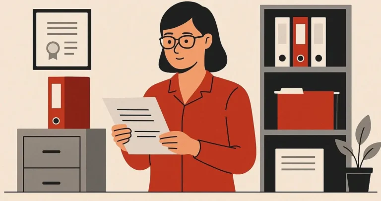 Ilustracja kobiety w okularach i czerwonej koszuli, przeglądającej dokument w biurze. W tle regał z segregatorami, szafka z teczką i zawieszony certyfikat.