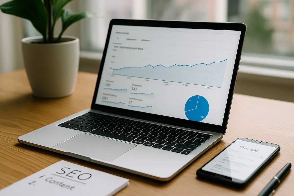 Laptop z wykresami analitycznymi, smartfon z otwartą wyszukiwarką Google, notatka z napisem „SEO + Content” oraz długopis na drewnianym biurku — obraz ilustruje pracę nad widocznością strony w internecie i wybór skutecznej agencji SEO, która pomoże zwiększyć pozycję w wynikach wyszukiwania Google.