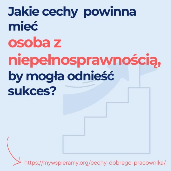 Grafika edukacyjna zawiera pytanie dotyczące kluczowych kompetencji zawodowych dla osób z niepełnosprawnością. Treść grafiki: Na niebieskawym tle znajduje się tekst w dwóch kolorach: „Jakie cechy powinna mieć osoba z niepełnosprawnością, by mogła odnieść sukces?” – słowa „osoba z niepełnosprawnością” zostały wyróżnione kolorem czerwonym, reszta tekstu jest granatowa. W tle, delikatnie zarysowana, znajduje się grafika przedstawiająca schody prowadzące w górę z symbolem strzałki, co może symbolizować rozwój lub osiąganie celów. W lewym dolnym rogu znajduje się czerwona strzałka wskazująca na link do strony: https://mywspieramy.org/cechy-dobrego-pracownika Przekaz: Grafika zachęca do refleksji nad tym, jakie cechy (np. determinacja, komunikatywność, punktualność) są ważne dla osób z niepełnosprawnością, aby odnieść sukces zawodowy. Jednocześnie kieruje odbiorcę do artykułu lub poradnika na stronie „My Wspieramy”.