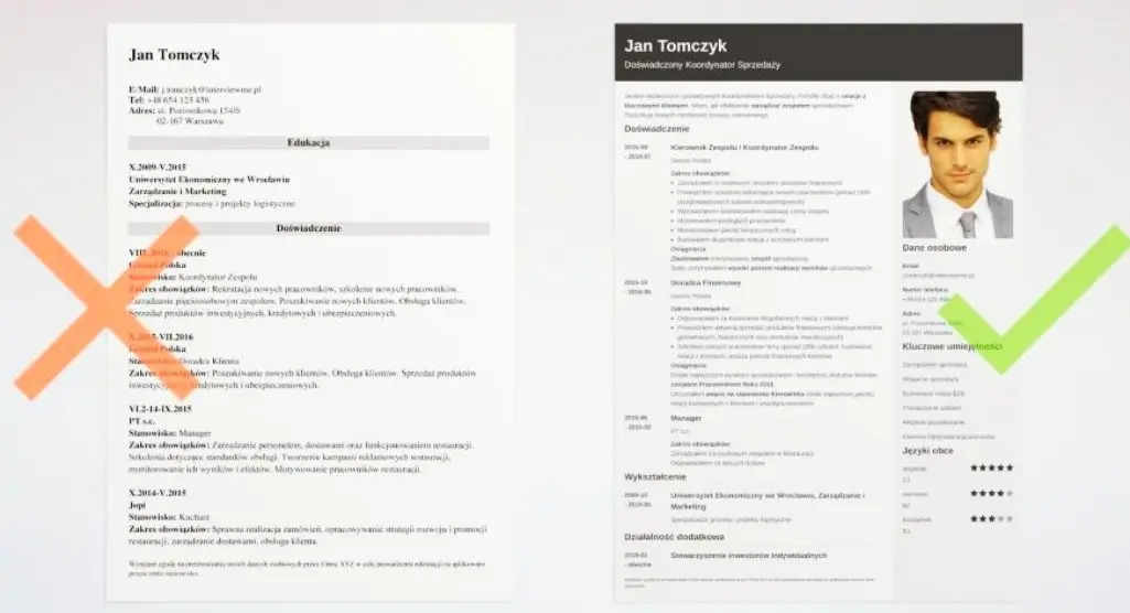 Pokazujemy, jak napisać wzorcowe CV, gdy jesteś osobą niepełnosprawną 5 Porównanie dwóch CV: po lewej stronie proste, nieczytelne i przestarzałe CV z czerwonym krzyżykiem, po prawej nowoczesne, estetyczne CV ze zdjęciem, ikonami i zielonym ptaszkiem. Obrazek pokazuje, jak ważna jest przejrzystość i atrakcyjna forma życiorysu.