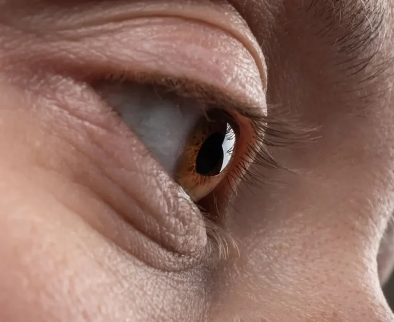 Zbliżenie na brązowe oko dorosłej osoby, skierowane w bok – widać wyraźnie strukturę rogówki, rzęsy i zmarszczki mimiczne pod okiem. Zdjęcie symbolicznie ilustruje temat chorób oczu, w tym stożka rogówki (keratoconus), skupiając uwagę na szczegółach anatomicznych oka.