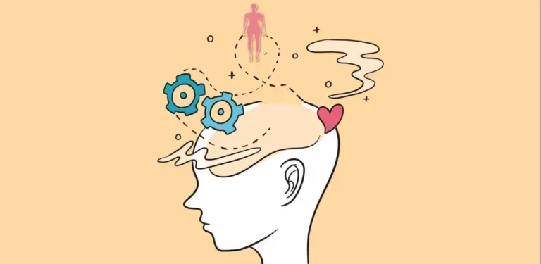 Ilustracja przedstawia profil ludzkiej głowy na jasnym tle, symbolicznie ukazujący procesy myślowe oraz uczucia i emocje w sposób naturalnej harmonii między sercem a rozumem. Wewnątrz głowy znajdują się dwa niebieskie tryby, które symbolizują analizę i logiczne myślenie. Obok nich umieszczono różowe serce – metaforę emocji, empatii i wrażliwości. Nad głową unoszą się faliste linie oraz zarys sylwetki człowieka, co sugeruje połączenie ciała, duszy i świadomości. Obraz budzi skojarzenia z równowagą wewnętrzną, spokojem i świadomym doświadczaniem – tematem przewodnim są uczucia i emocje, ukazane w kontekście naturalnej integracji z umysłem.