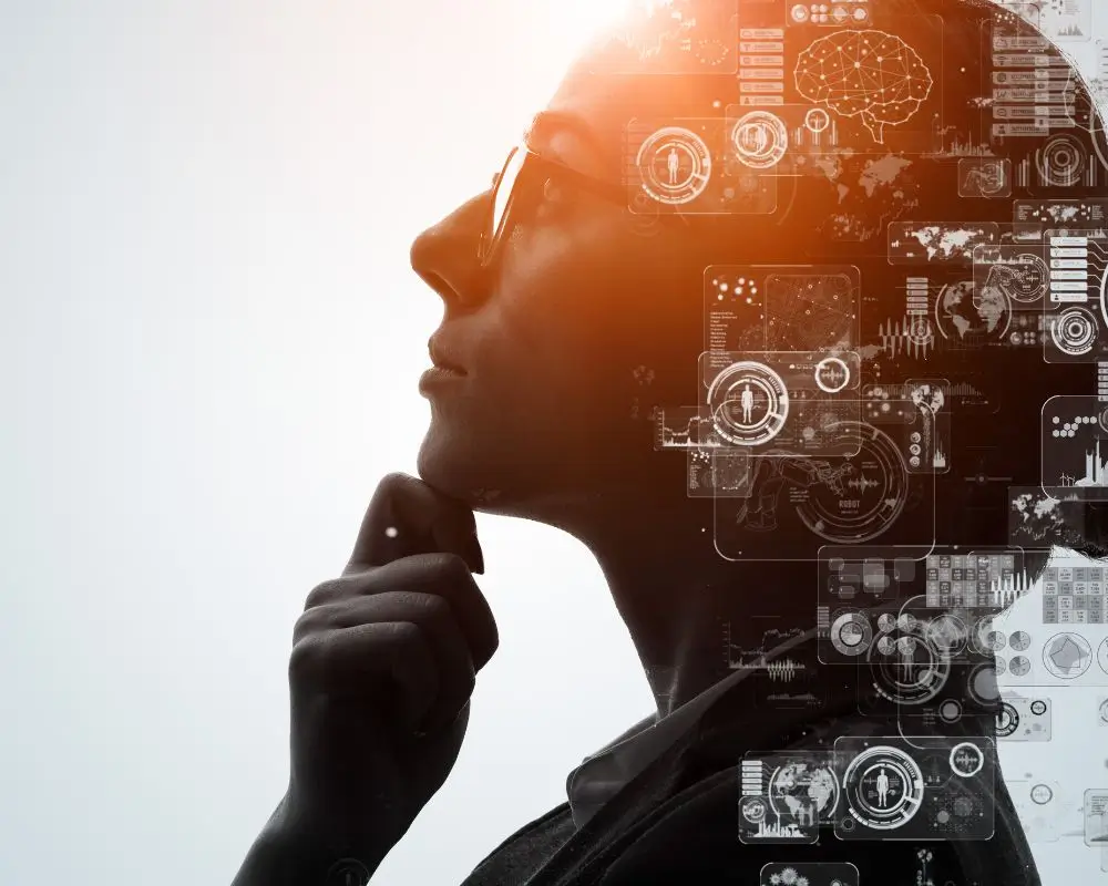 Profil kobiety pogrążonej w myślach, z nałożoną grafiką symbolizującą sztuczną inteligencję i technologie – pytanie, czy AI może zastąpić standardową psychoterapię u specjalisty.