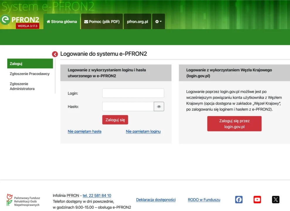 Strona logowania do systemu e-PFRON2. Po lewej stronie znajduje się menu z opcjami: “Zaloguj”, “Zgłoszenie Pracodawcy”, “Zgłoszenie Administratora”. W centralnej części ekranu widnieje panel logowania z wykorzystaniem loginu i hasła utworzonego w e-PFRON2 – pola tekstowe do wpisania loginu i hasła oraz czerwony przycisk “Zaloguj się”. Pod spodem znajdują się linki “Nie pamiętam hasła” i “Nie pamiętam loginu”. Po prawej stronie znajduje się alternatywna opcja logowania z wykorzystaniem Węzła Krajowego (login.gov.pl) oraz czerwony przycisk “Zaloguj się przez login.gov.pl”. U góry strony zielony pasek z logo PFRON2, przyciskami: “Strona główna”, “Pomoc (plik PDF)” i “pfron.org.pl”. Na dole strony kontakt do infolinii PFRON, deklaracja dostępności, link do RODO i ikony mediów społecznościowych.