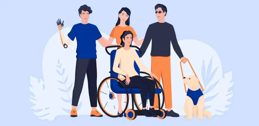 Cztery osoby i pies przewodnik na jasnym tle. W centrum siedzi kobieta na wózku inwalidzkim; za nią stoi uśmiechnięta kobieta z ręką na oparciu, po lewej mężczyzna z nowoczesną protezą ręki, po prawej mężczyzna w okularach trzyma uprząż labradora–psa przewodnika. Miękkie, roślinne kształty w tle i spokojna kolorystyka. Scena naturalnie kojarzy się z ideą odpoczynku i regeneracji - w kontekście urlop rehabilitacyjny.
