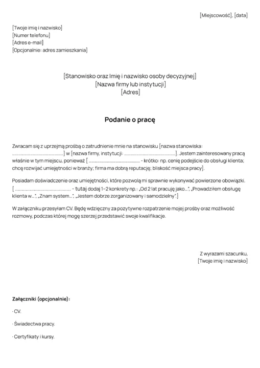 Podanie o pracę wzór dokumentu 
