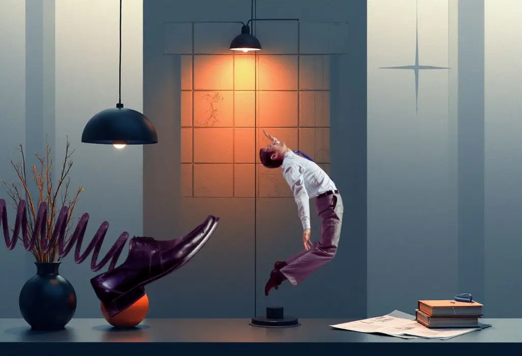 Jak sobie radzić z bezrobociem? Praktyczny przewodnik, by odzyskać spokój i kontrolę 1 Surrealistyczna scena przedstawiająca mężczyznę unoszącego się w biurowej przestrzeni, otoczonego symbolami chaosu zawodowego, jako wizualna metafora pokazująca, jak sobie radzić z bezrobociem.