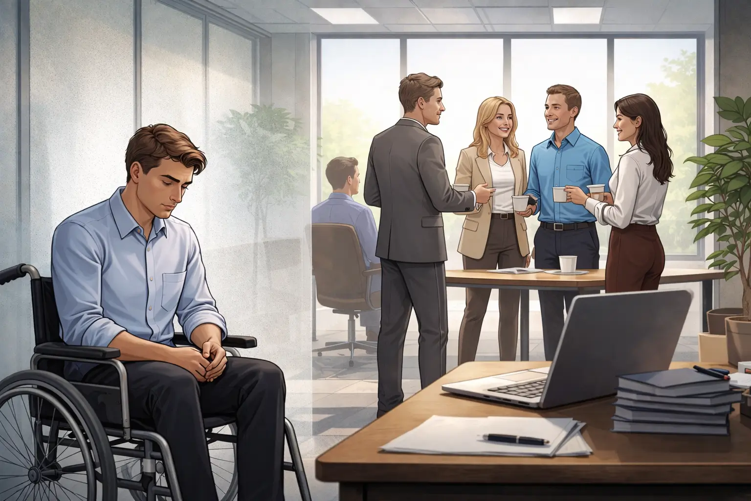 Ableizm wpracy – mężczyzna na wózku inwalidzkim siedzi samotnie przy biurku w biurze, podczas gdy grupa współpracowników rozmawia i integruje się przy stole w tle, ignorując go.
