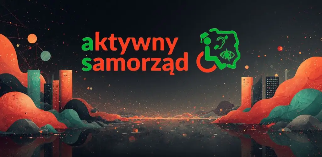 Aktywny Samorząd – grafika z napisem „aktywny samorząd” oraz symbolem dostępności, na tle abstrakcyjnego miasta, przedstawiająca program dofinansowań dla osób z niepełnosprawnością
