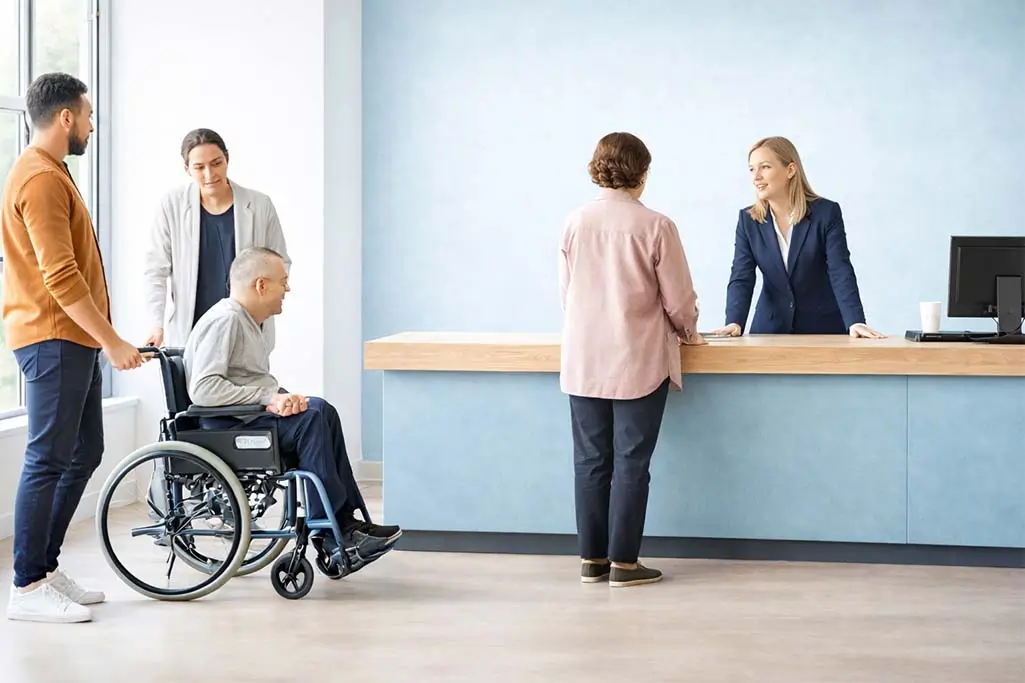 Osoba niepełnosprawna na wózku inwalidzkim w urzędzie podczas rozmowy o wsparciu – jaka pomoc z MOPS dla osoby niepełnosprawnej