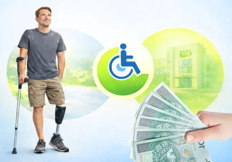 Mężczyzna z protezą nogi i kulą ortopedyczną na tle symbolu niepełnosprawności, budynku ZUS i pieniędzy – renta przy umiarkowanym stopniu niepełnosprawności.