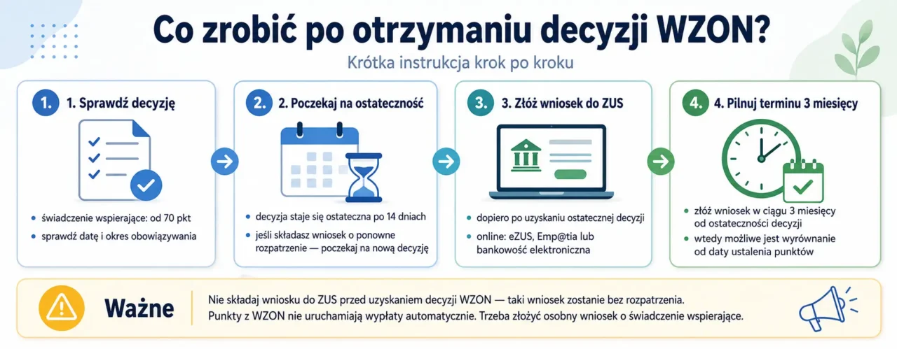 Infografika „Co zrobić po otrzymaniu decyzji WZON?” przedstawiająca cztery kroki: sprawdzenie decyzji i liczby punktów, odczekanie 14 dni na jej ostateczność, złożenie wniosku o świadczenie wspierające do ZUS oraz zachowanie terminu 3 miesięcy od uprawomocnienia decyzji.