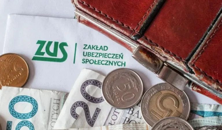 Dodatek pielęgnacyjny z ZUS: widiczny portfel, banknoty i monety na kopercie z logo ZUS.