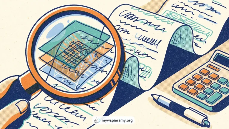 Ilustracja w stylu druku risograficznego. Dłoń trzyma dużą pomarańczową lupę nad długą, zwiniętą listą płac z nieczytelnymi wierszami. W soczewce jedna pozycja z listy rozkłada się na kilka nałożonych kolorowych warstw, jak koszty schowane w jednej pensji. Obok leżą kalkulator i długopis, a na dole biała plakietka z logo i adresem mywspieramy.org.