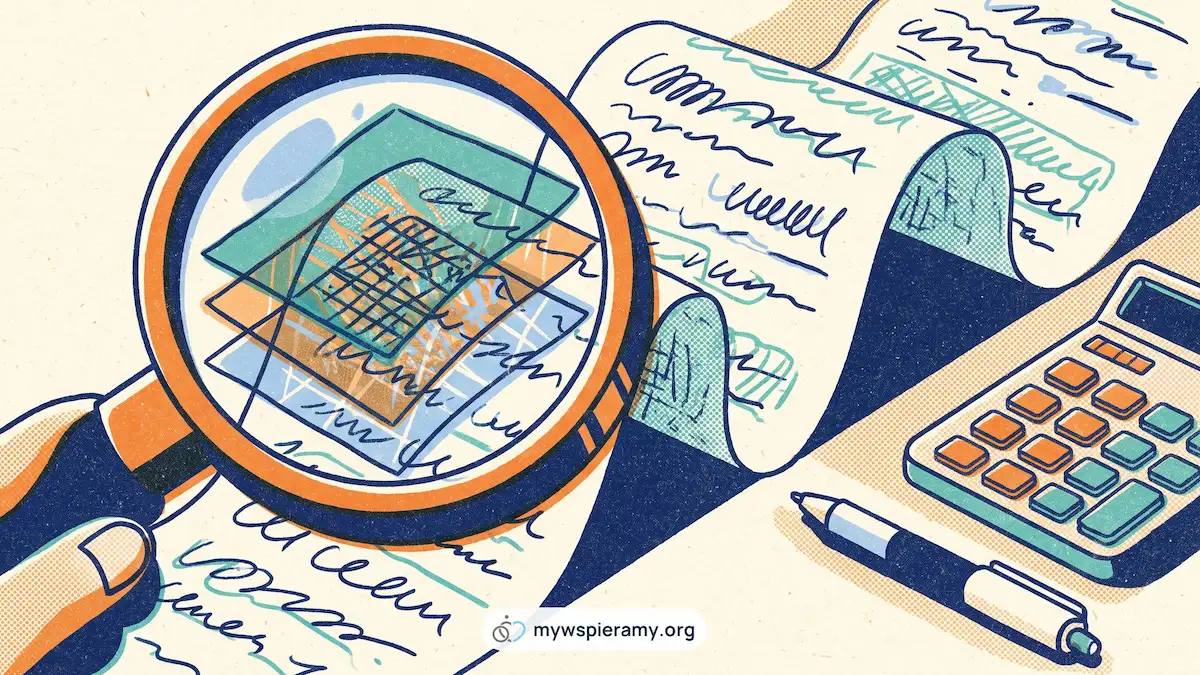 Całkowity koszt zatrudnienia pracownika w 2026 roku na umowę o pracę 1 Ilustracja w stylu druku risograficznego. Dłoń trzyma dużą pomarańczową lupę nad długą, zwiniętą listą płac z nieczytelnymi wierszami. W soczewce jedna pozycja z listy rozkłada się na kilka nałożonych kolorowych warstw, jak koszty schowane w jednej pensji. Obok leżą kalkulator i długopis, a na dole biała plakietka z logo i adresem mywspieramy.org.