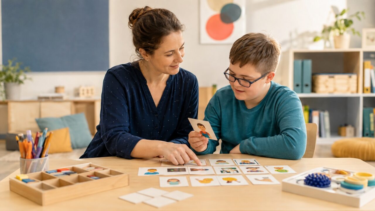 Oligofrenopedagogika - czy warto ją studiować, aby zostać oligofrenopedagogiem 7 Pedagożka pracująca z uczniem przy użyciu kart komunikacyjnych w sali edukacyjnej.