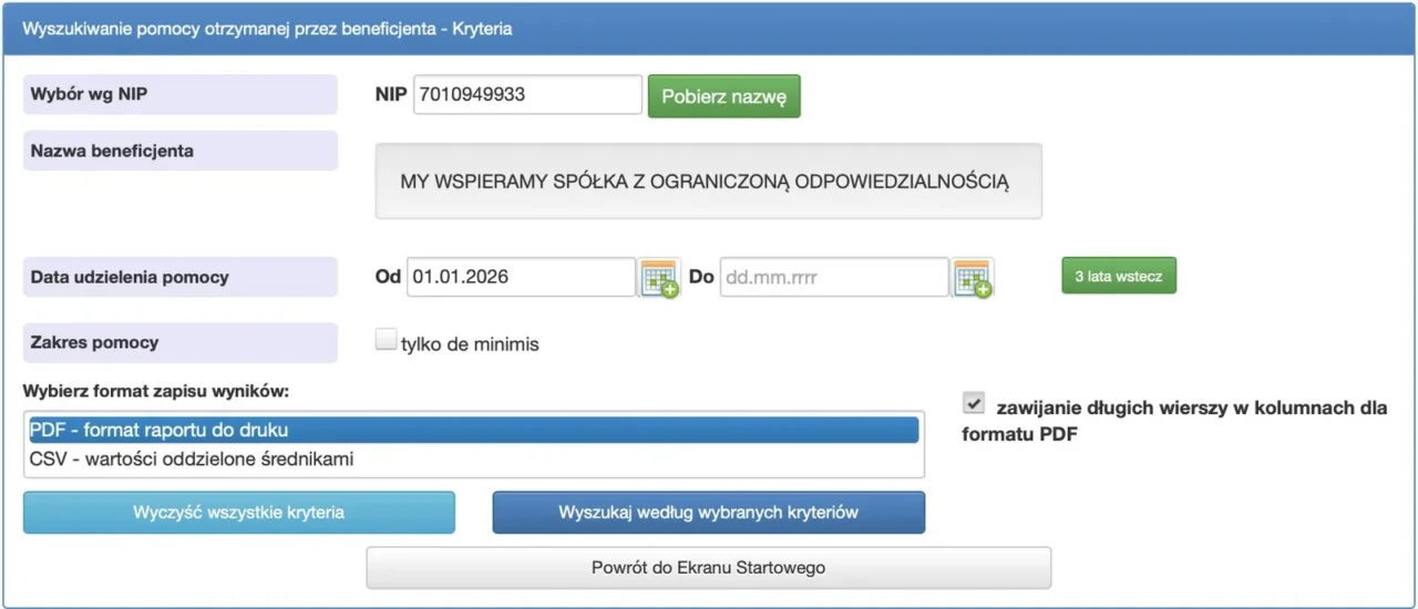 Formularz wyszukiwania w SUDOP. W polu NIP wpisany numer 7010949933, pod nim nazwa My Wspieramy spółka z ograniczoną odpowiedzialnością, data od 1 stycznia 2026 roku, wybrany format PDF.