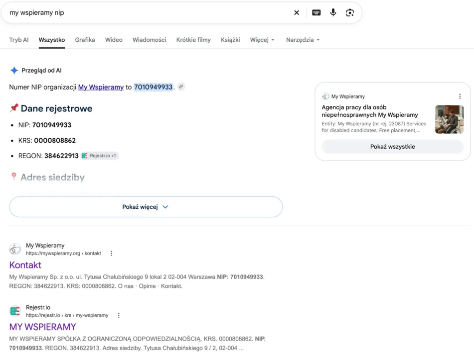 Wynik wyszukiwania Google dla zapytania „my wspieramy krs”. W podsumowaniu widać numer KRS, pełną nazwę spółki, NIP 7010949933 i REGON.