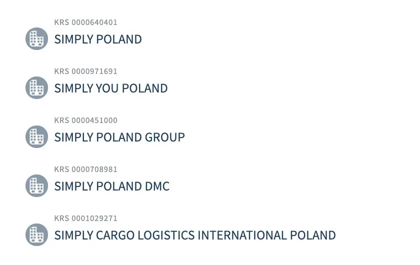 Lista pięciu spółek z rejestru, każda z innym numerem KRS: Simply Poland, Simply You Poland, Simply Poland Group, Simply Poland DMC, Simply Cargo Logistics International Poland.