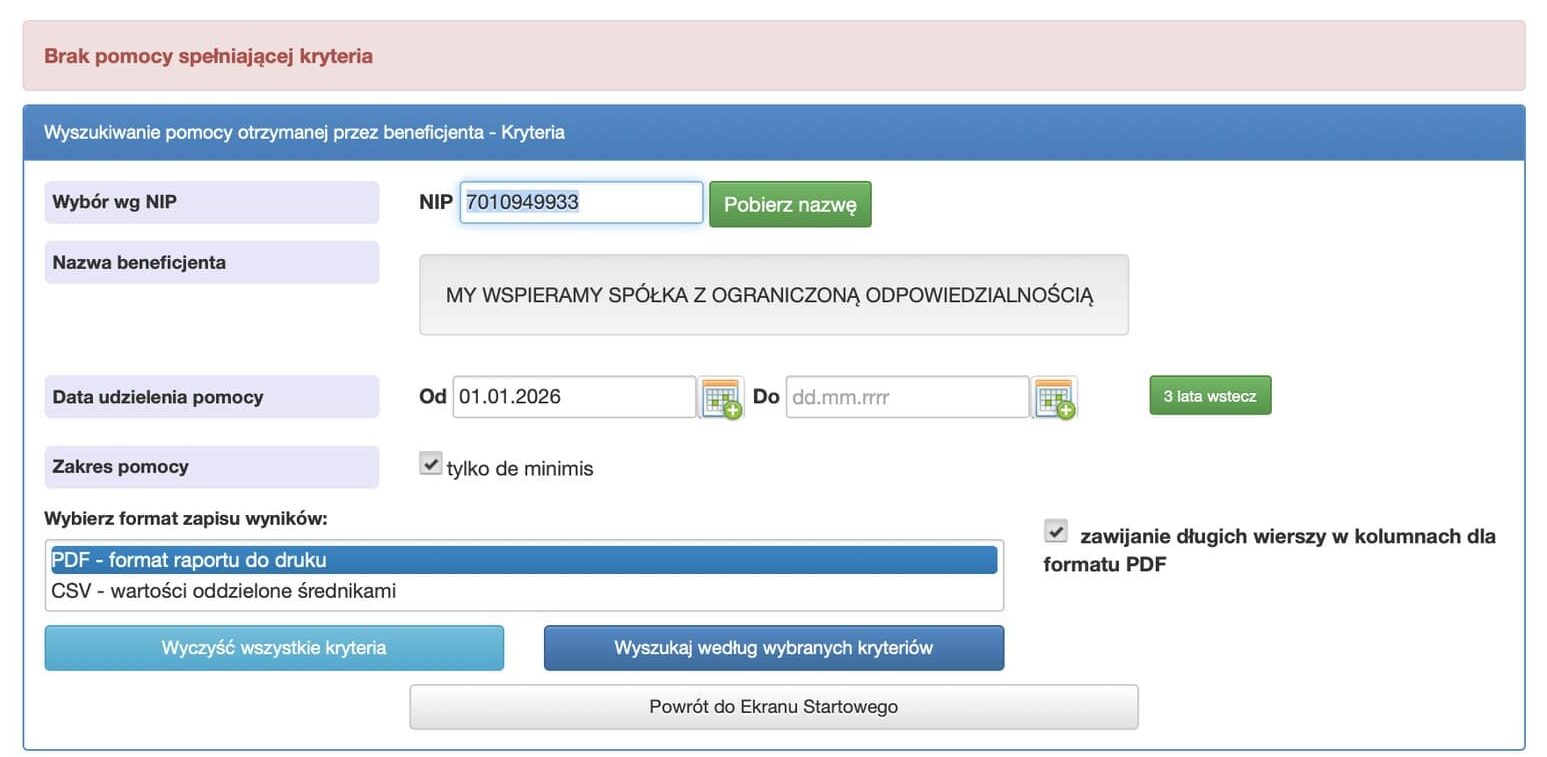 Formularz SUDOP z zaznaczonym polem „tylko de minimis”. Nad formularzem komunikat „Brak pomocy spełniającej kryteria”. Tak wygląda wynik, gdy firma nie otrzymała pomocy de minimis.